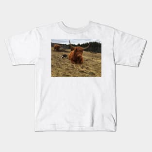 Scottish Highland Cattle Cow and cat 2365 Kids T-Shirt